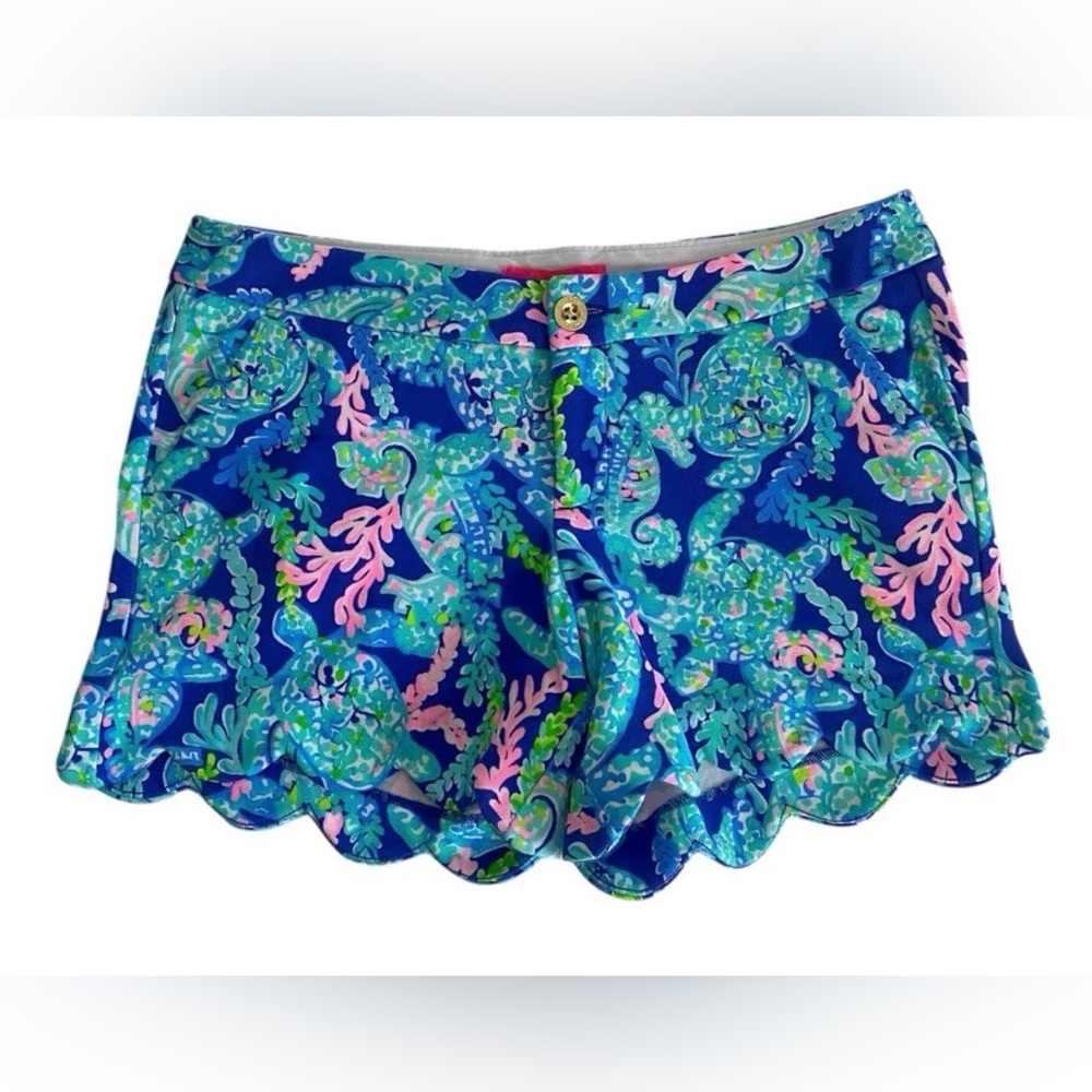 Lilly Pulitzer Buttercup Knit Scallop Shorts Turtle Villa Sz 4 Corsica Blue